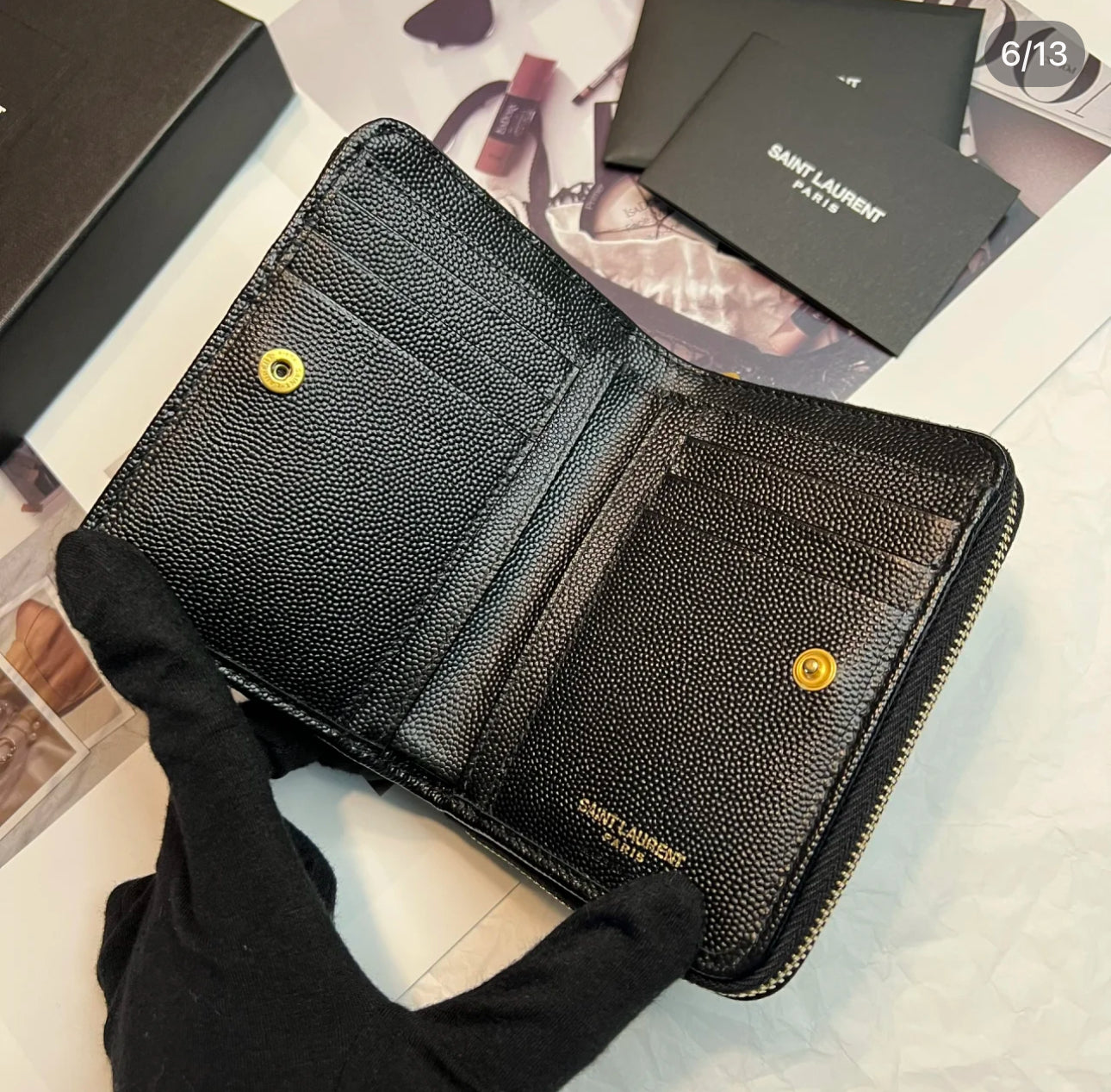 YSL Cassandre Matelasse 魚子醬粒面牛皮拉鍊錢包-黑金/525C473 ㊙️折扣🉐19870💰