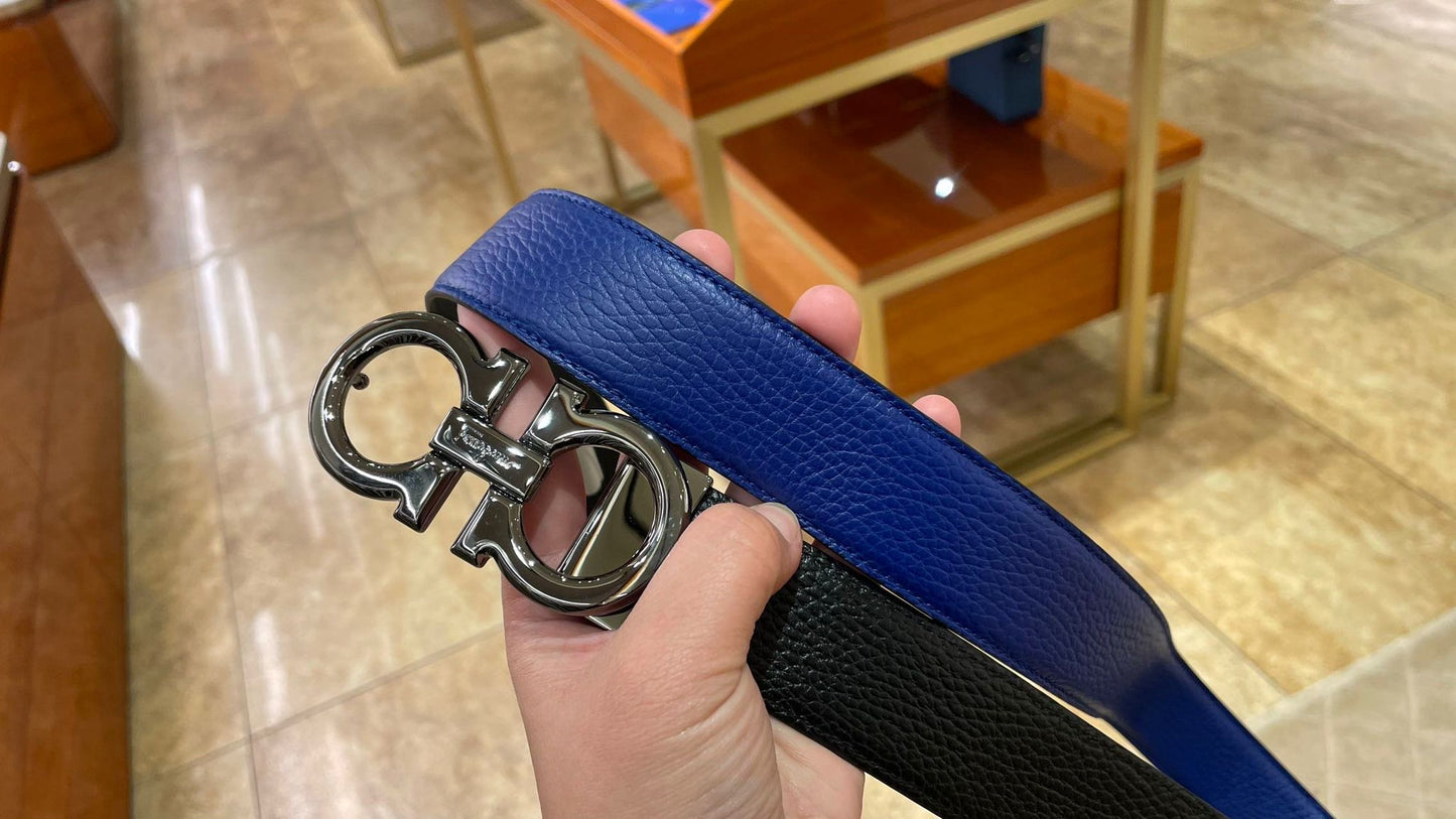 @Ferragamo Double Adjus 男款銀扣黑藍雙面皮帶/420P273 🔥下殺🉐13090