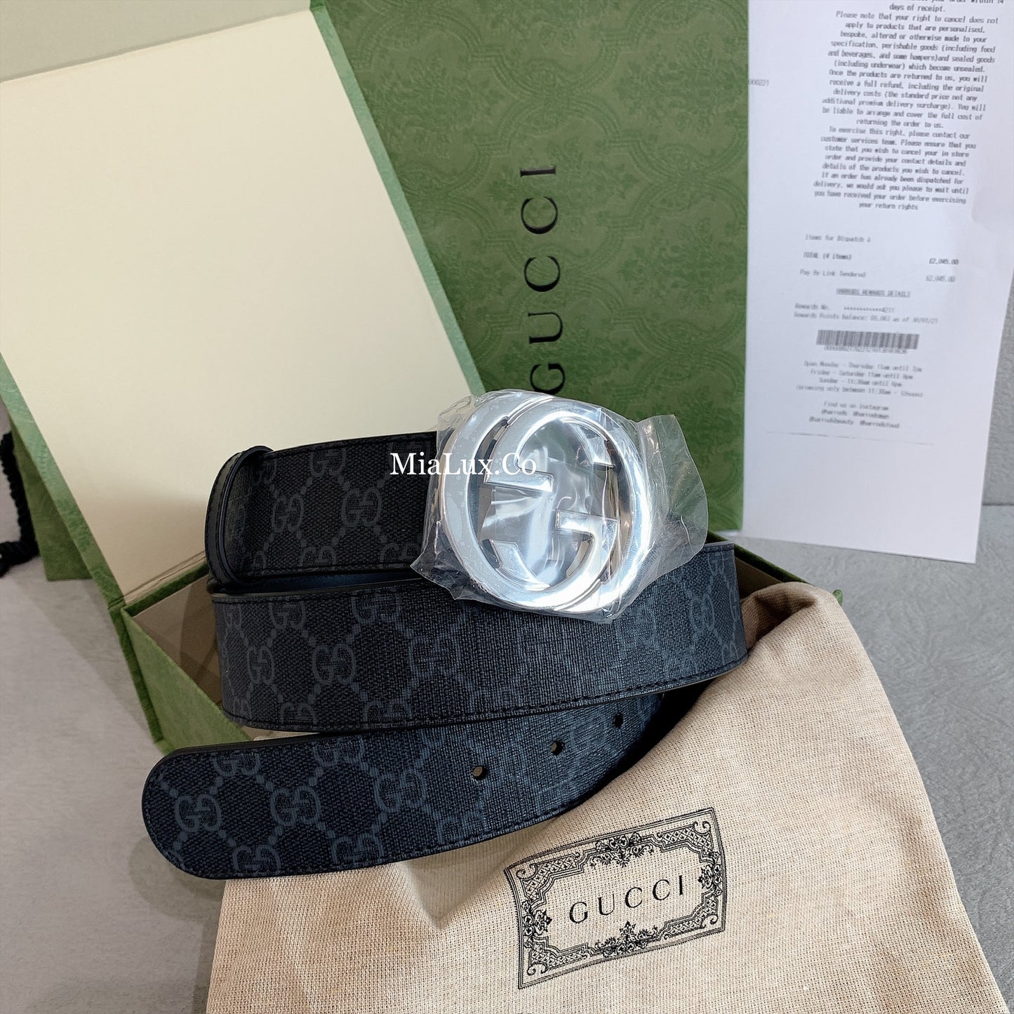 Gucci GG Supreme Belt With G Buckle Black/Grey Canvas & Leather 男生款老花G銀扣皮帶 *£350