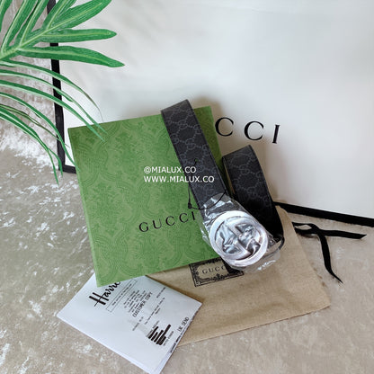 Gucci GG Supreme Belt With G Buckle Black/Grey Canvas & Leather 男生款老花G銀扣皮帶 *£350