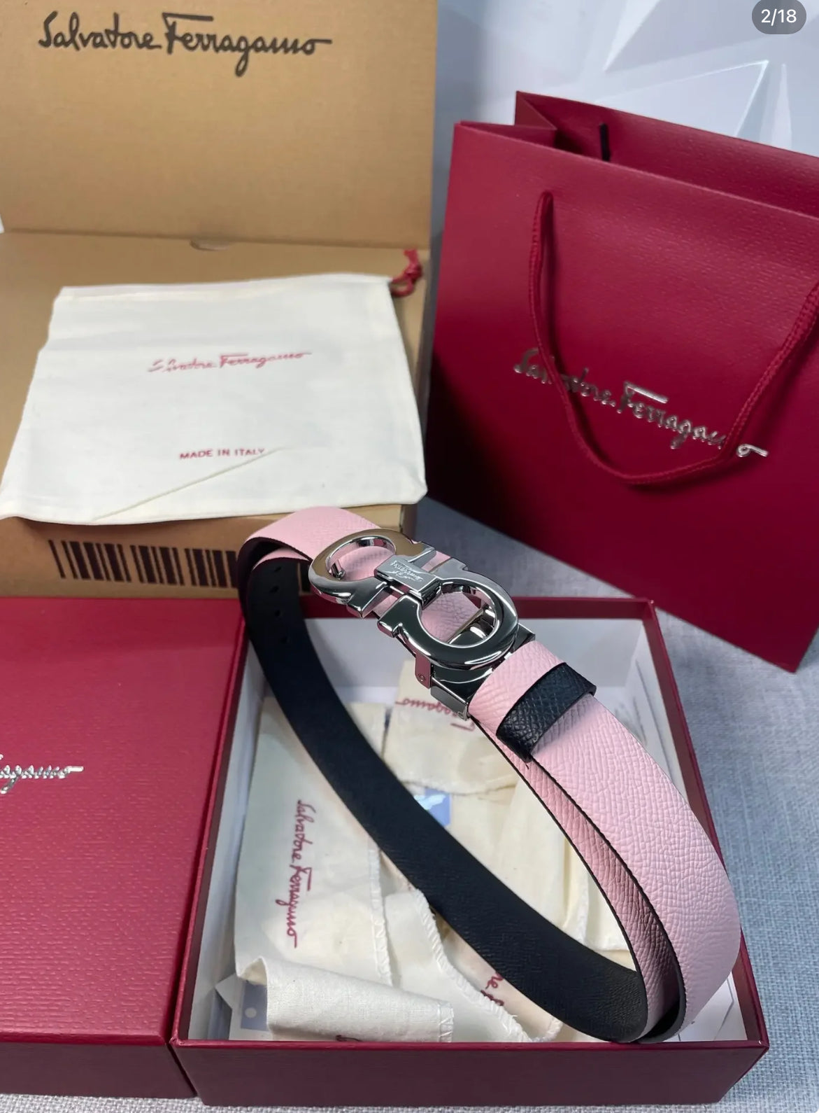 @Ferragamo Donna.H 女款銀扣粉黑雙面皮帶/365P237 🔥下殺🉐11470