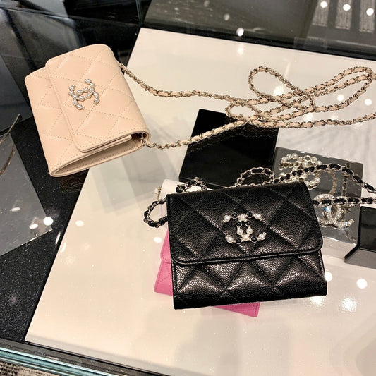 CHANEL✨ FLAP COIN PURSE CLUTCH WITH CHAIN 黑白雙C珍珠翻蓋小鏈包 AP2138 -