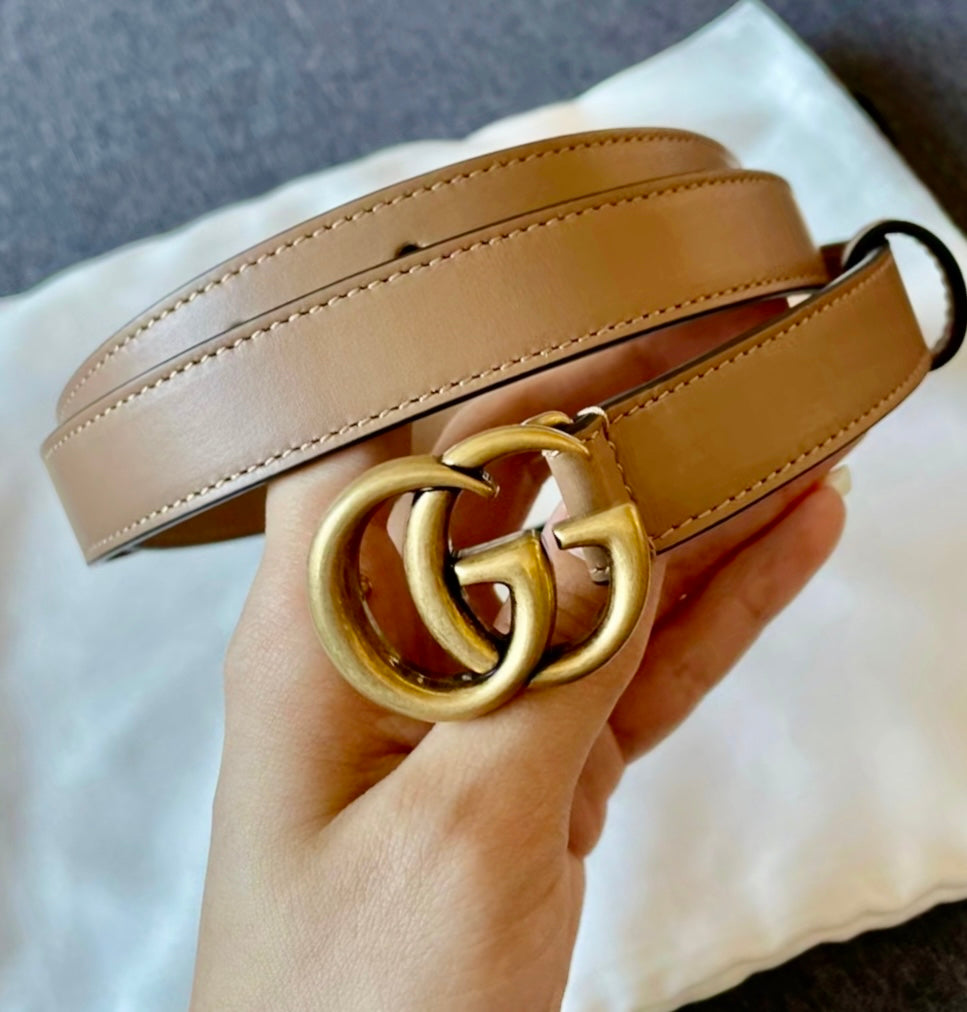 Gucci▪️LEATHER BELT WITH DOUBLE G BUCKLE 細版2cm雙G古銅金皮帶 * £ 320