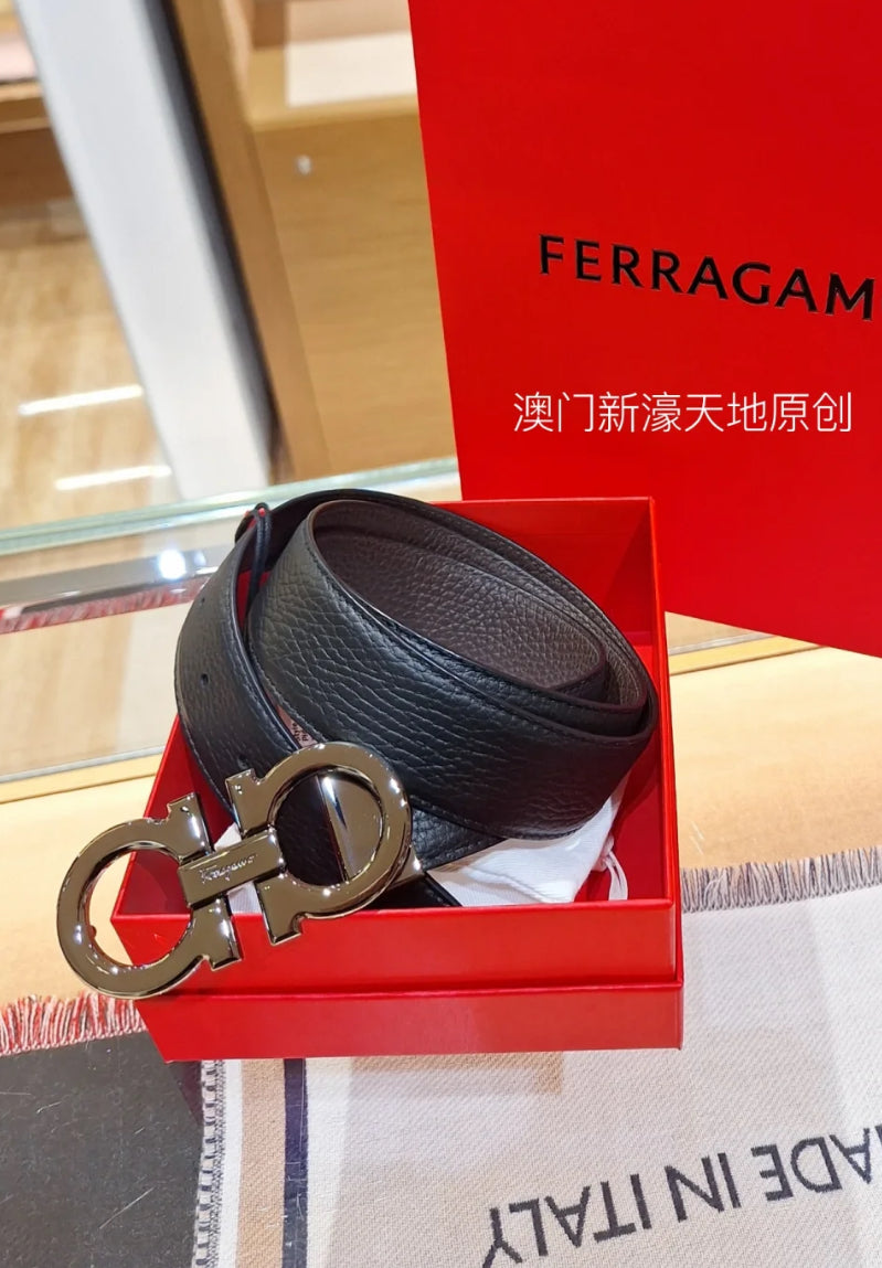 @Ferragamo Double Adju 男款雙面黑咖銀扣皮帶/325P260 🔥下殺🉐12500