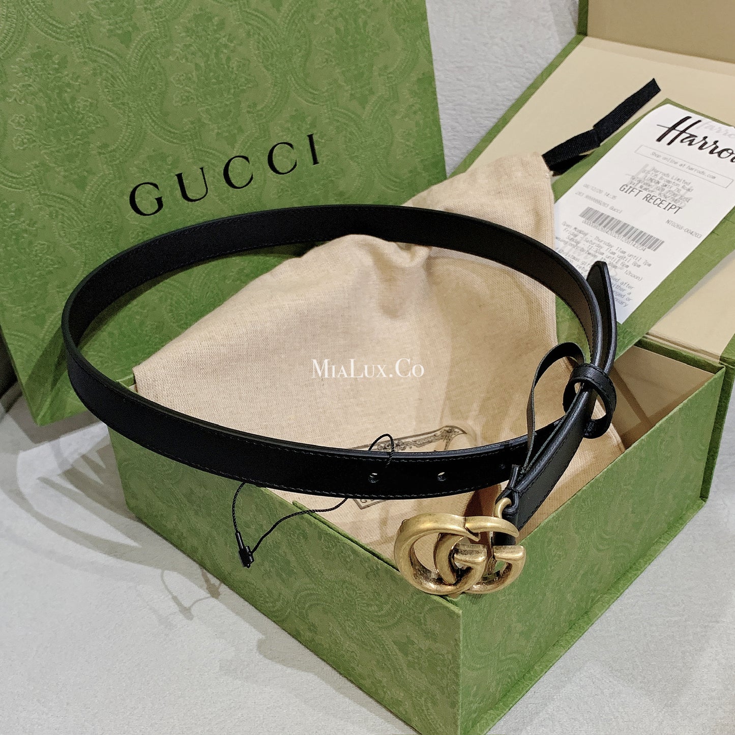 Gucci▪️LEATHER BELT WITH DOUBLE G BUCKLE 細版2cm雙G古銅金皮帶 * £ 320